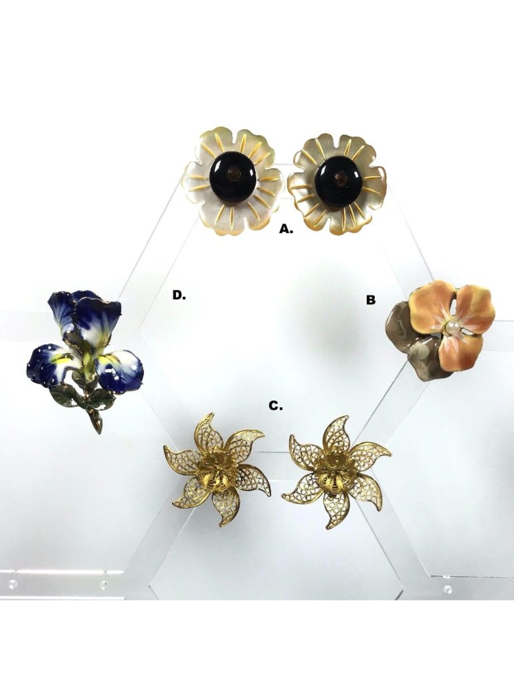 Vintage Flower Floral Jewelry Lot Yosca Pin Filigree Earrings Porcelain Iris
